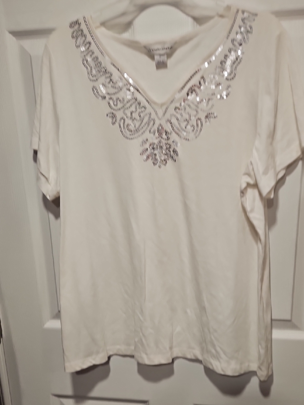 Christopher & Banks Cream Short Sleeve V-Neck Tee with Silver Sequin Detail